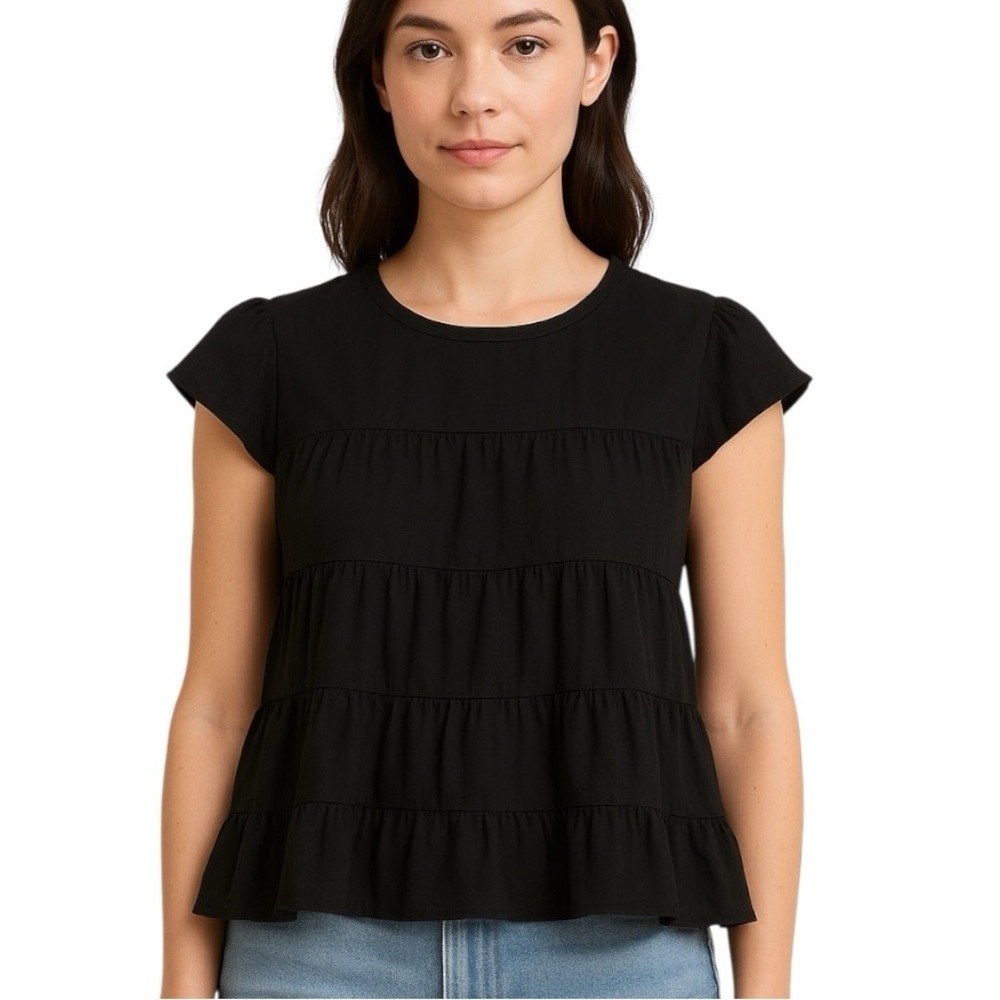 Andree By Unit Small Black Tiered Boho Short Sleeve Shirt Cottagecore